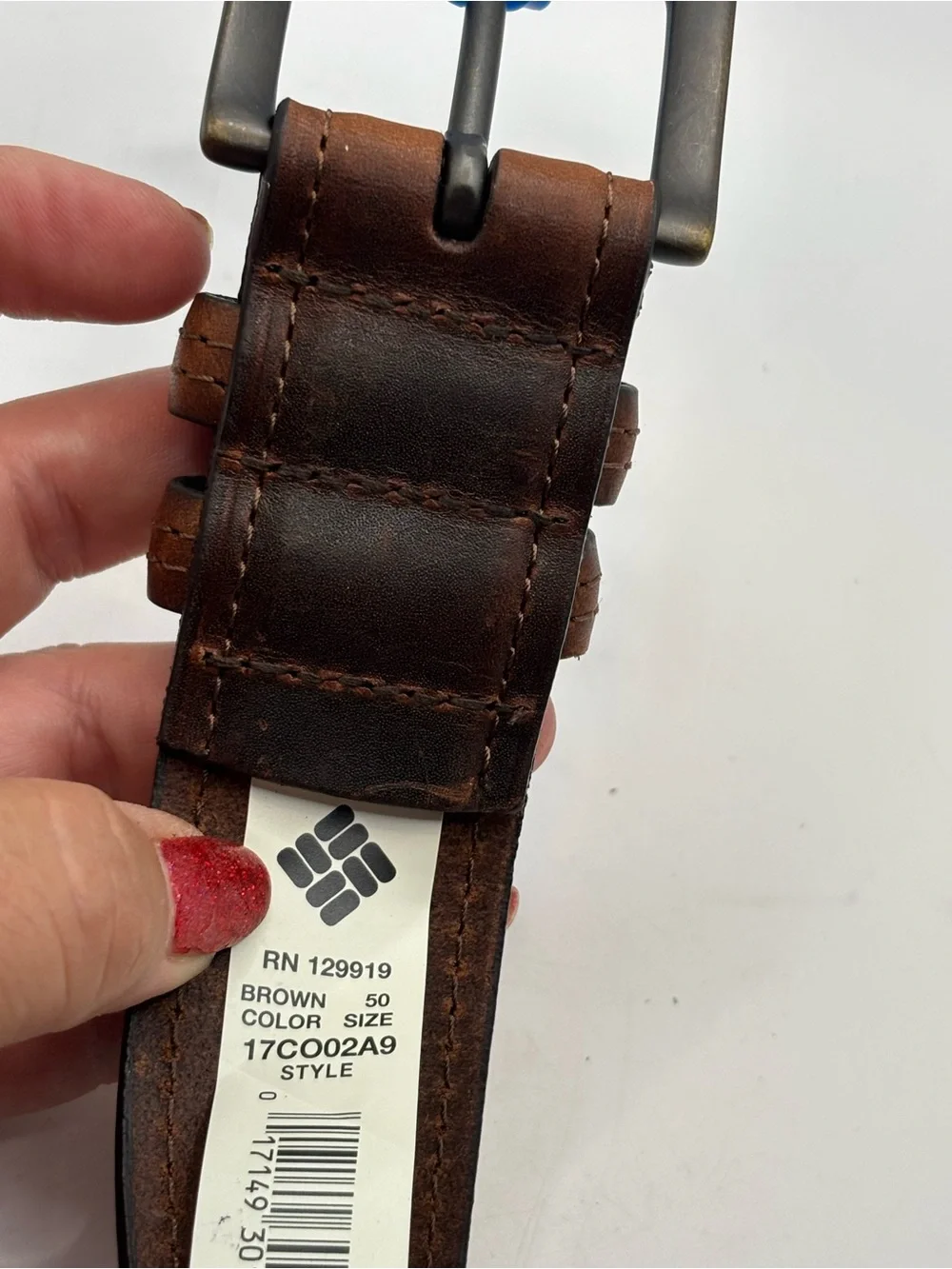 New Columbia Men's Dark Brown Two Tone Leather Belt Size 50 Stitching Big Tall